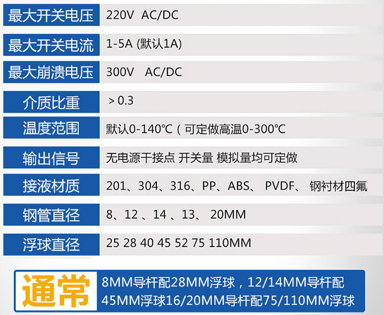 浮球式液位變送器技術(shù)參數對照表